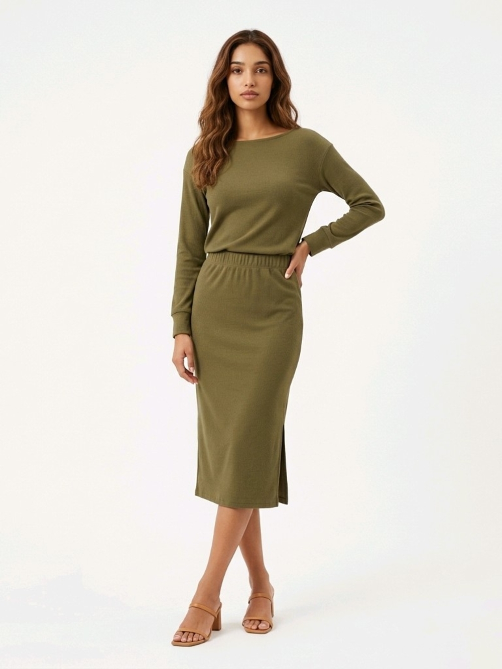 Olive Green Midi Pencil Skirt and Matching Top
